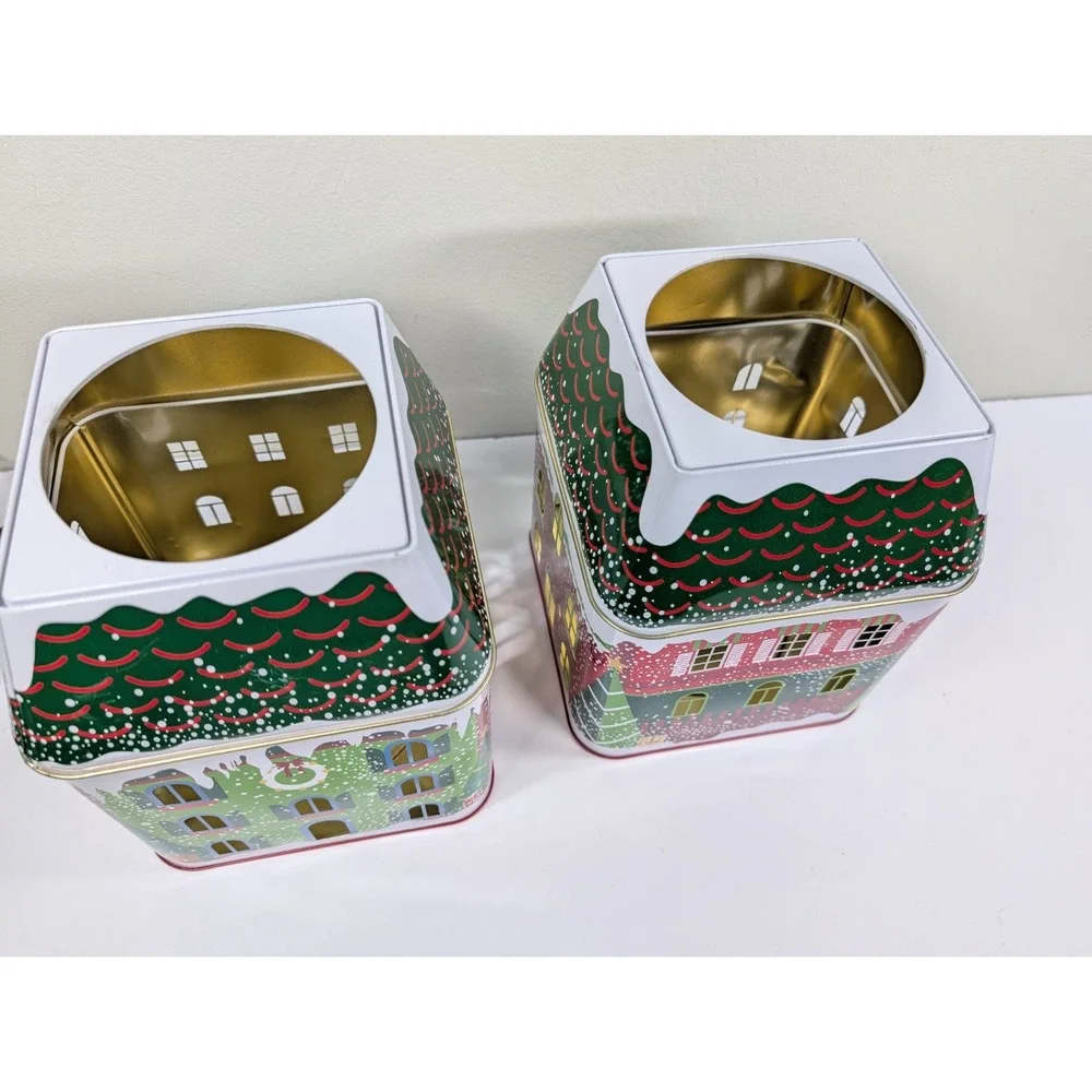 PartyLite Winter Village 3 Wick Candle Jar Tin unused Christmas Display Set Of 2